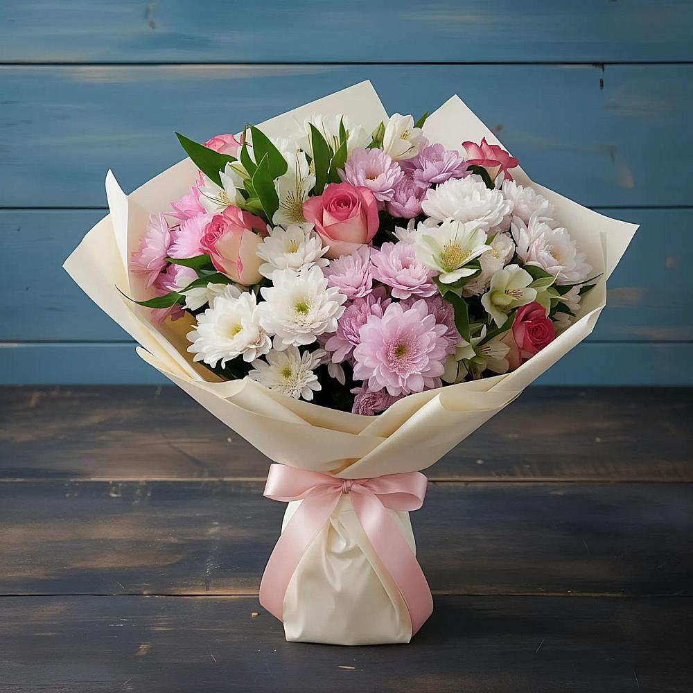 Букет цветов из: Хризантемы, Альстромерии и Розы в Нефтекумске